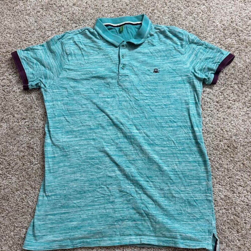 United Colors of Benetton Polo Shirt Teal Slub Cotton Short Sleeve Logo Small